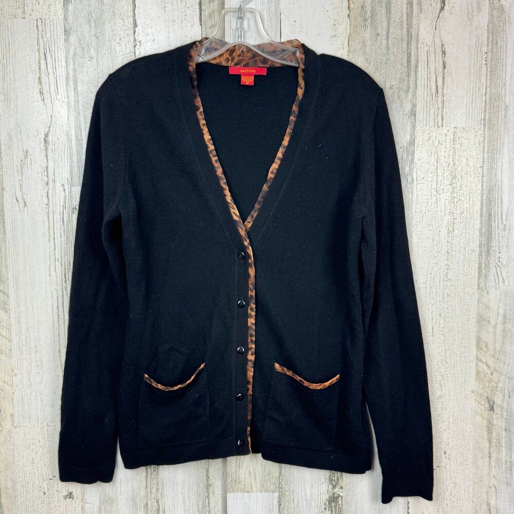 Saffron 100% Cashmere Cheetah Print Trim Black Cardigan Button up Sweater Size M